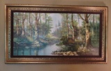 Framed oil painting by Hunter, River scene, 56