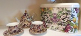 Decorative tea pot with two cups/saucers and oval tin, fruit pattern