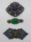 Three large brooch pins with colored stones, 2 1/2