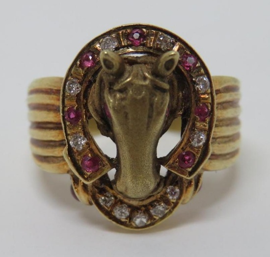 Gold ring, size 4 1/2, Horse head with rubies and diamonds, tested at 18 kt gold