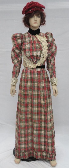 Two piece plaid outfit, skirt and top with lace and velvet embellishments, and hat