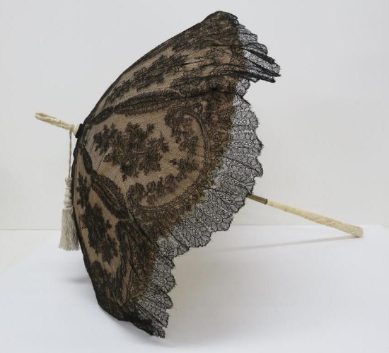 Lovely black lace and satin folding parasol with ornate grape and cable handle