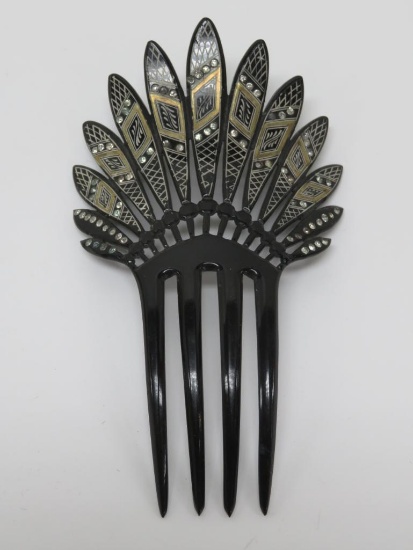 Deco style period hair comb with rhinestones, 6" tall and 3 1/2" fan