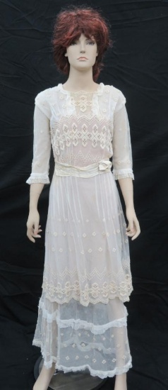 Cream colored Tea Dress with embroidered embellishments, see through with satin belt