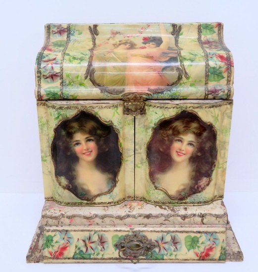 Fantastic celluloid dresser vanity box, pretty ladies and floral, 15 1/2" wide and 16" tall