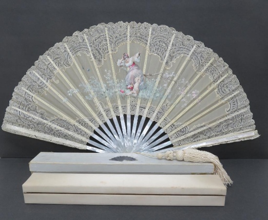 Silk and Lace hand painted fan in original box, La Especial , large tassel, fan is 14"