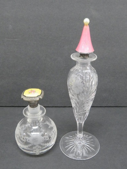 Two enamel and sterling perfume bottles, 4" and 8"
