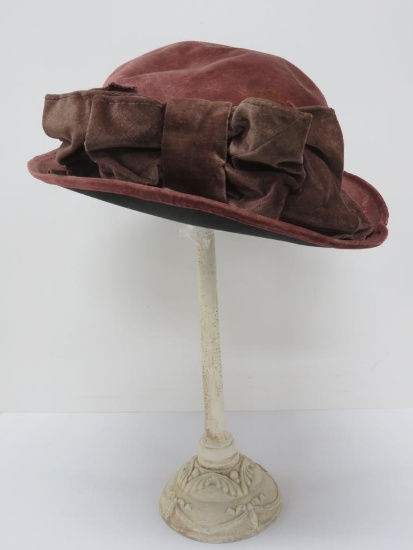 Mauve Edwardian hat, large brim with brown ribbon