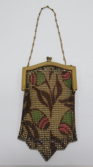 Interesting enamel mesh purse, brown, pink and green floral, Whiting and Davis, 7"