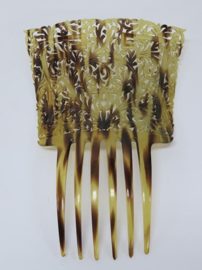 Large period hair comb, tortoise shell coloration, 7 1/2" tall and 5 1/2" across