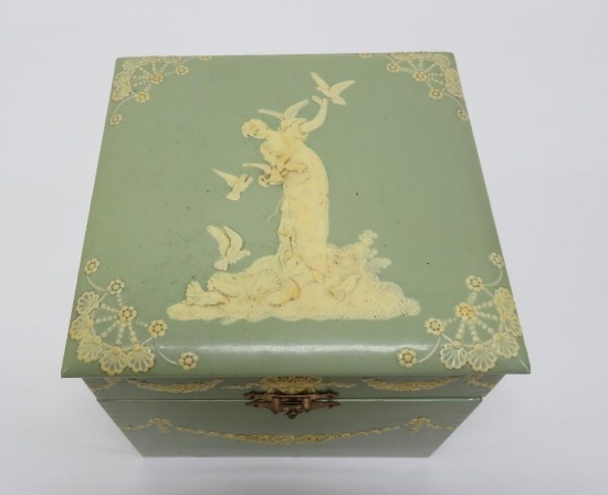 Jasparware style dresser collar box, sea foam green with woman and birds, floral swags, 6 3/4"