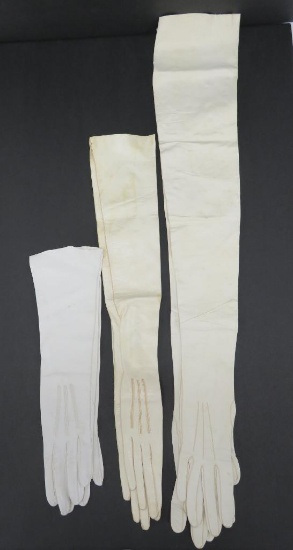 Three kid leather gloves, shoulder and forearm length, 14", 22" and 29"