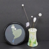 Lily hat pin holder, five hat pins and round picture