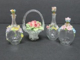 Delicate dresden style perfume bottles and flower basket, miniature
