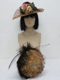 Two dainty ornate Edwardian woven straw hats with floral, feather and ribbon embellishments