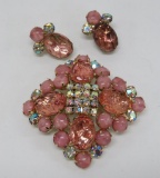 Pink brooch and earring set, Cabochon with rhinestone centers