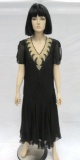 Black sheer V neck A line style dress,l ace and beading