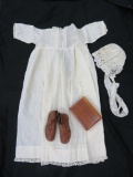 Childrens whites, button shoes, and wooden box