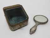 Cherub metal jewelry box with bevel glass cover and small hand mirror