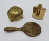Diminutive mirror, jewelry holder and perfume, all in gold tone