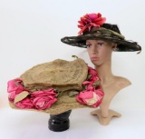 Two Edwardian hats with floral embellishments