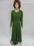Emerald Green dress with cream colored lace, high collar and belted