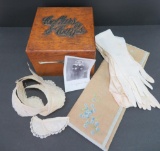 Wooden Collar and Cuff box with collars and glove sleeve with gloves