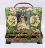 Vintage Celluloid photo album on stand with drawer, lovely floral and pretty lady