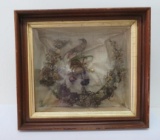 Lovely Period Hair art, framed shadow box, bird and floral, 19 1/2