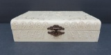 Cherub celluloid jewelry box, ivory in color, 9 1/2