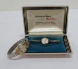 Two vintage womens wrist watches, Hamilton 22J Medallion and Deco style LeCoutre