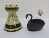 Two vintage hat pin holders, Motto wear Aller Vale redware and metal swan