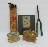 Vanity lot with jewelry boxes, hat pins and 1904 calendar