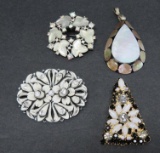 Three vintage and vintage inspired pins and pendant, black and white, rhinestones, 1 1/2