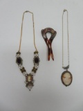 Two cameo necklaces and period French hair comb Guinet Freres