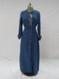 Blue house dress with velvet patterned collar and cuffs