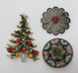 Three vintage pins, mosaic, Christmas Tree and 925