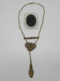 Lucite type cameo pin and vintage pendant necklace