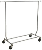 Adjustable height rolling clothing rack, also folds flat for transport