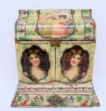 Fantastic celluloid dresser vanity box, pretty ladies and floral, 15 1/2
