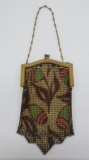 Interesting enamel mesh purse, brown, pink and green floral, Whiting and Davis, 7