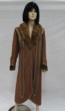 Brown ankle length coat with fur collar, velvet and cording trim