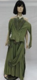 Two piece suit, green, cotton blend, velvet and ornate pleating