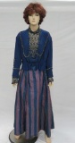Blue beaded top and blue and deep pink striped silk skirt