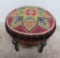Lovely needlepoint top ornate footstool, geometric pattern, 20