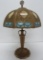 Lovely slag glass with ornate metal overlay table lamp, 24