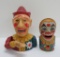 Two vintage mechanical clown banks, cast iron and Chein tin