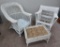 Three pieces of vintage wicker, rocker, side chair and foot stool