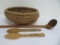 Gathering basket and three wooden spoons, two with advertising