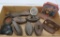 Cast iron lot with five sad irons, shoe lathe, bookends,skillet and covered dish